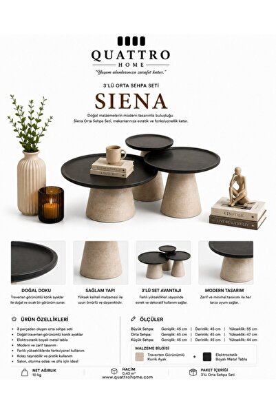 QUATTRO HOME Siena 3’lü Traverten Görünümlü Metal Orta Sehpa Seti