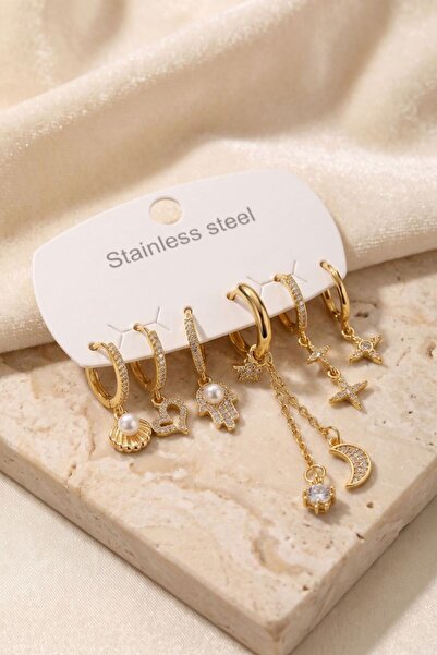 norsary 316L Steel Gold Color Chain Detailed Zircon Stone Women's Earring Set