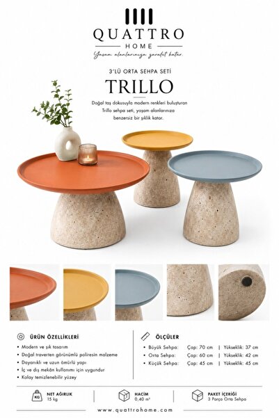 QUATTRO HOME Trillo 3’lü Traverten Görünümlü Renkli Orta Sehpa Seti