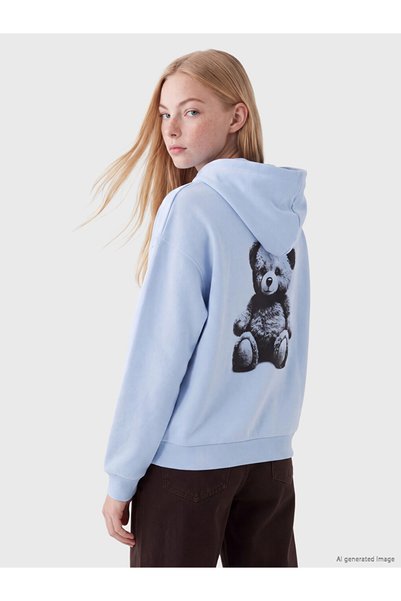 LC Waikiki Vizyon New Season Blue Printed Women's Thick Hoodie with Kangaroo ...