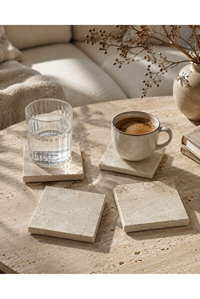 Doğal Bej Mermer 4'lü Bardak Altlığı Seti 10x10 cm Kare