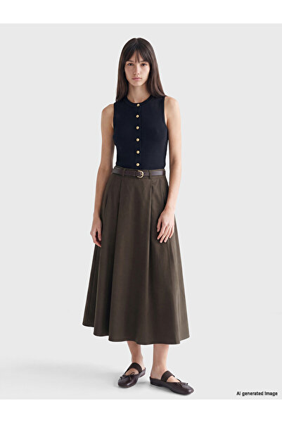 LC Waikiki Vizyon New Season Khaki High Waist Belted Pleated Flared Women's S...