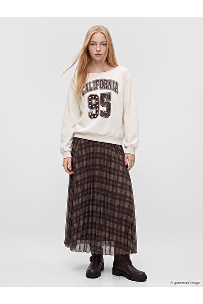 LC Waikiki Brown Plaid A-Line Chiffon Skirt with Elastic Waist