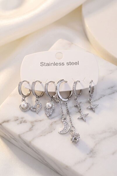 norsary 316L Steel Silver Color Chain Detailed Zircon Stone Women's Earring Set