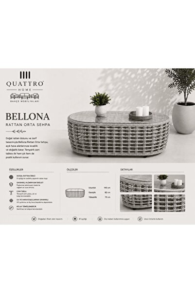 QUATTRO HOME Bellona Rattan Bahçe Balkon Orta Sehpa Gri