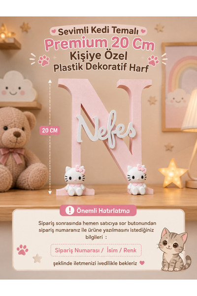 20 cm Kişiye Özel Premium Hello Kitty Figürlü Plastik İsimli Dekoratif Harf | Bebek ve Çocuk Odası İsim Süsü