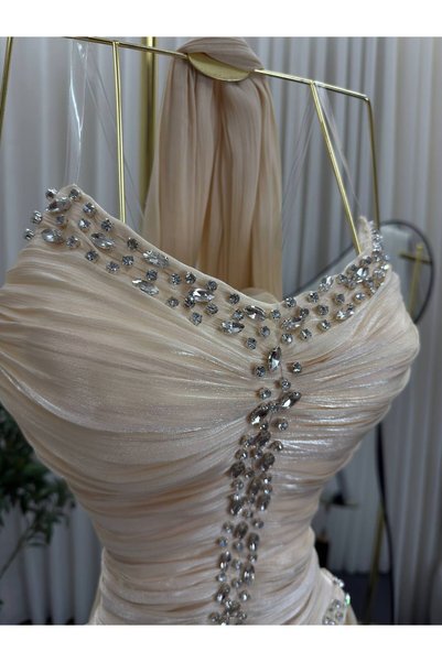Boutique 219 Beige Shiny Chiffon Evening Dress