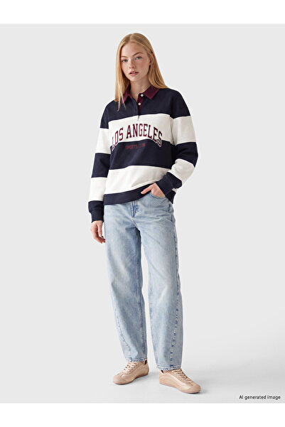 LC Waikiki Xside Navy Blue Polo Collar Embroidered Oversize Women's Sweatshirt