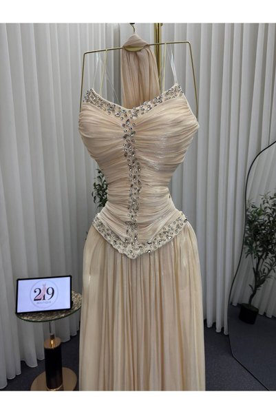 Boutique 219 Beige Shiny Chiffon Evening Dress