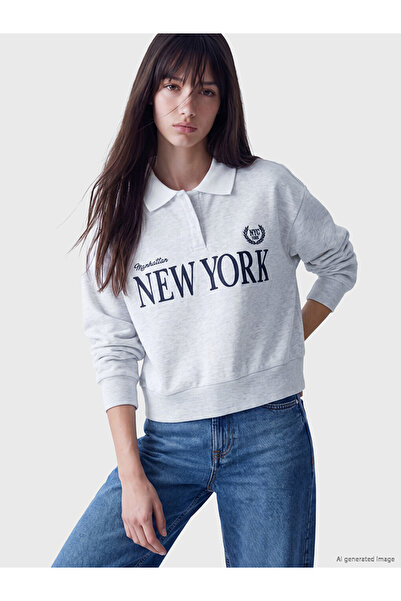 LC Waikiki Ozmarka New Season Gray Polo Collar Oversize Women's Thick Sweatshirt