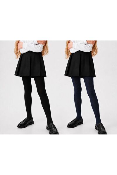 DÜVEN 2-Piece Set of Plain and Patterned Girls' Pantyhose Dark Blue-Black