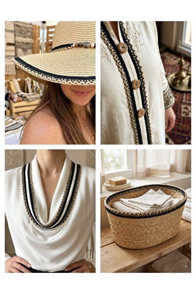ALTAY AKSESUAR Black Knitted Decorative Strip with Cross Thick Cord and Straw Detail