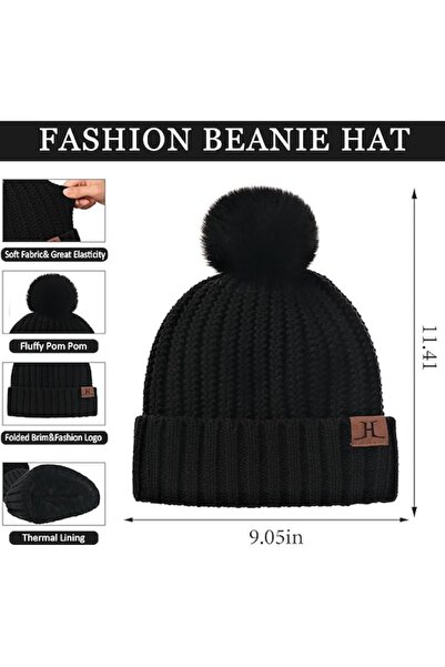 Bequemere Set de iarnă pentru femei: căciulă, fular și mănuși, căptușeală din fleece, mănuși tactile, pompon decorativ, negru/alb