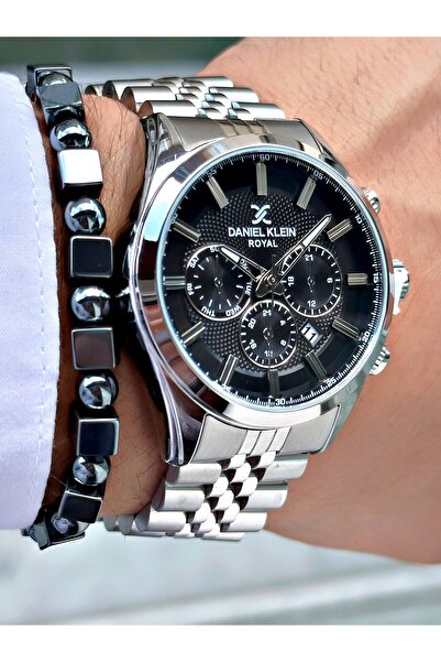 Daniel Klein Silver Color-Black Dial Royal Series Men's Wristwatch - with Bra...