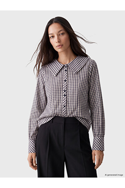 LC Waikiki Vizyon New Season Navy Blue Baby Collar Plaid Women's Shirt