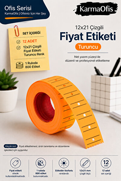 KarmaOfis 12X21 Striped Price Tag Highlighter Orange Label Roll 12 Pieces