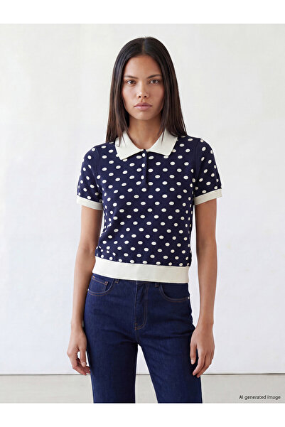 LC Waikiki Peak New Season Navy Blue Polo Collar Polka Dot Women's Knitwear S...