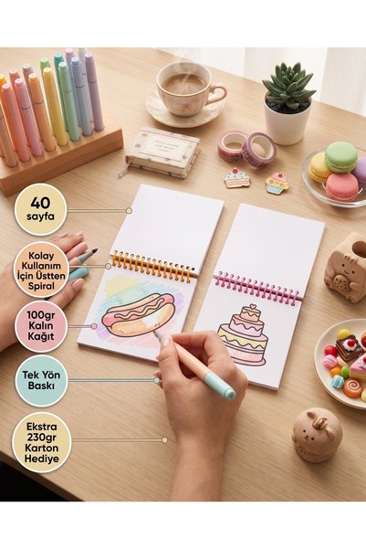 M&H Coloring Sweet Dessert & Sweet Fast Foods Coloring Book - 10X10 cm Coloring Book / 2 Pieces / for Children and Adults / Relaxing / Hobby / Stress Relief / Enjoyable Coloring Pages
