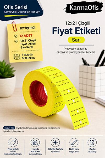 KarmaOfis 12X21 Striped Price Tag Highlighter Yellow Label Roll 12 Pieces