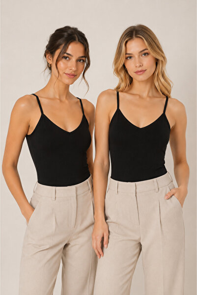 Nymora Women's 2-Piece Thin Strap V-Neck Modal Cotton Flexible Undershirt Black