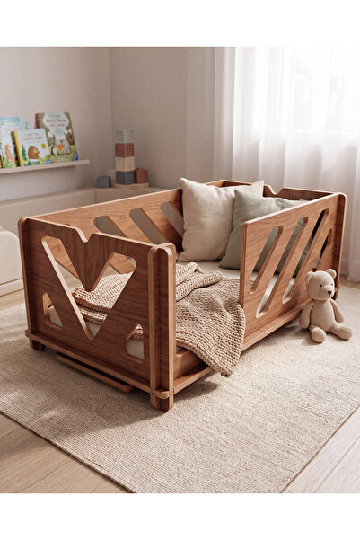 PRAKTURA MOYA Montessori Bebek Yatağı 60x120 cm Anne Yanı Doğal Ahşap Karyola...