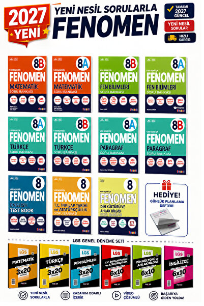 LGS 8. Sınıf Tüm Dersler Soru Bankası Fenomen FULL Set + Branş Deneme SETİ (18 PARÇA)
