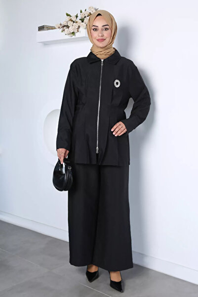 GÜLSELİ Black Elastic Waist Pants, Brooch Detailed Tunic, Hijab Double Set