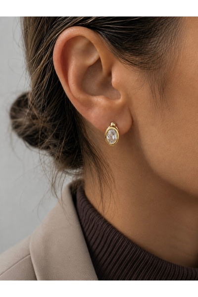 modamira 14k Gold Rengi Oval Zirkon Taşlı Minimal Halka Küpe 1,6 cm