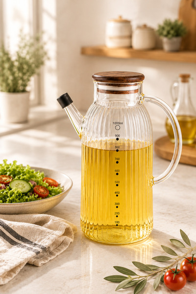welcomein Akasya Kapaklı Cam Yağdanlık 1000 ml Ölçü Göstergeli Akıtmaz Tasarım