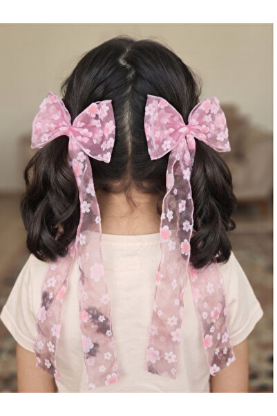 SOSYETEZGAHI 2-Pack Floral Patterned Long Tail Tulle Bow Hair Clip Organza St...