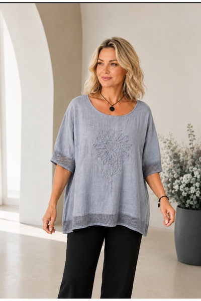 MARWARİ OTANTİK BUTİK Sunflower Embossed Short Sleeve Women's Linen Blouse wi...