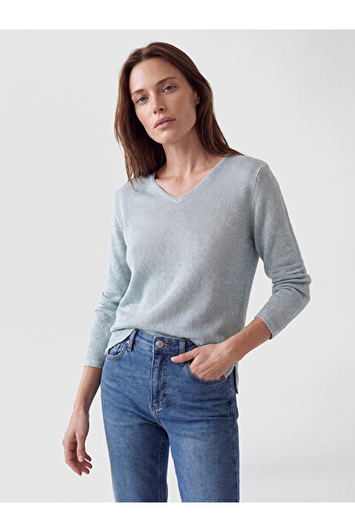 LC Waikiki Ozmarka New Season Blue V-Neck Shiny Textured Women's Knitwear Swe...