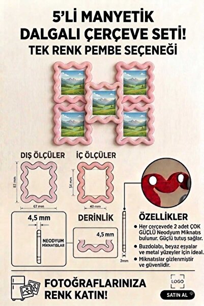 Fotoğraf Çerçevesi (5 adet) Mıknatıslı Kıvrımlı (Pembe)
