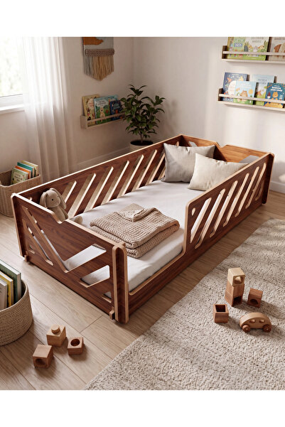 PRAKTURA MOYA Montessori Çocuk Yatağı 90x190 cm Ahşap Karyola Geçme Sistem Ya...