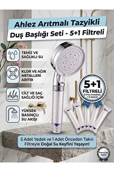 Ahlez Filtreli Beyaz Duş Başlığı 5 Yedek Filtreli | Su Arıtmalı, Klor ve Kire...