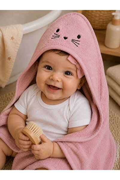 krm kerem bebe 100% Cotton Cat Embroidered Swaddle Baby Bath Towel with Hood