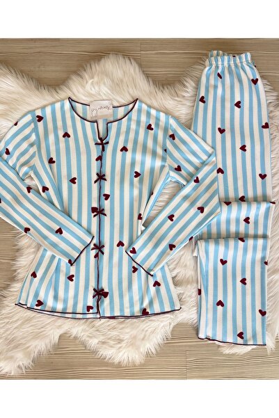 Pijamacs Μαλακό χειμερινό σετ πιτζάμες με πλέξη βάφλας, με μπλε και μπορντό μ...