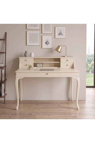ROYS AHŞAP 120 Cm 5 Çekmeceli Krem Raflı Masif Çalışma Masası