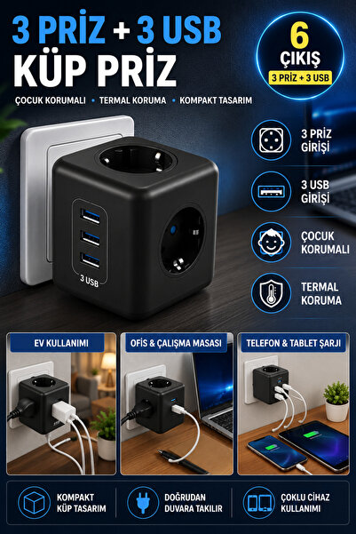 Hane Dostu 3 Priz 3 USB Girişli Küp Priz Adaptörü – Çocuk Korumalı Termal Kor...