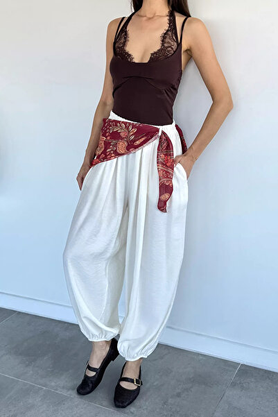 GÜLSELİ Cream Women's Shalwar Trousers with Scarf