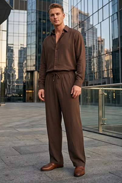 GÜLSELİ Set de două piese pentru bărbați, maro, cu pantaloni cu talie elastic...