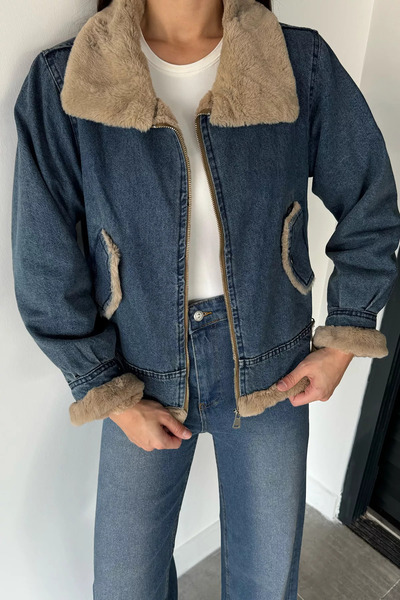 GÜLSELİ Jachetă din denim bleumarin pentru femei, cu curea, buzunare duble și...