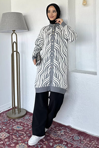 GÜLSELİ Cardigan din tricotaj cu model gri din angora, cu design modest