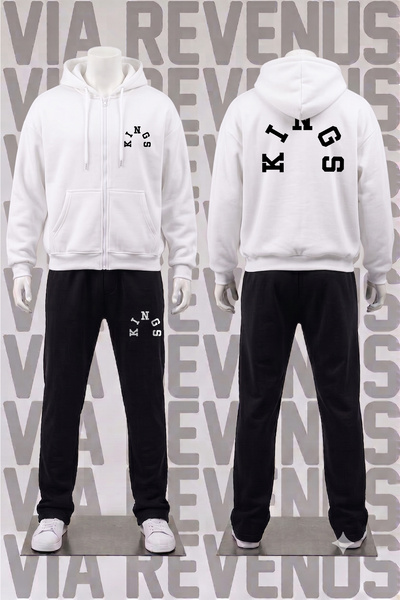 Vordevia Kings Printed Zippered Hooded Tracksuit Set - Relaxed Fit 3 Thread Z...