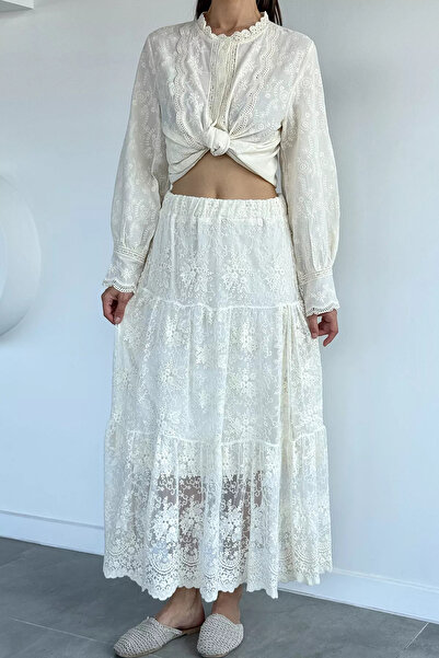 GÜLSELİ Ecru Women's Lined Lace Skirt with Laced Detail