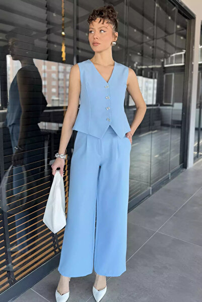 GÜLSELİ Light Blue Button Detailed Lined Women's Vest Trousers Set of Two