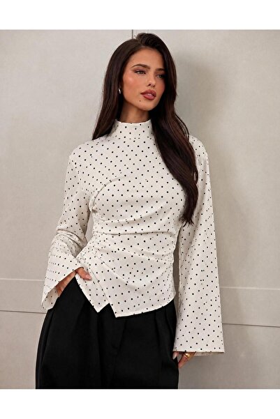 Moda Lounge Stylish Blouse with High Collar and Drape Detail, Spanish Sleeves