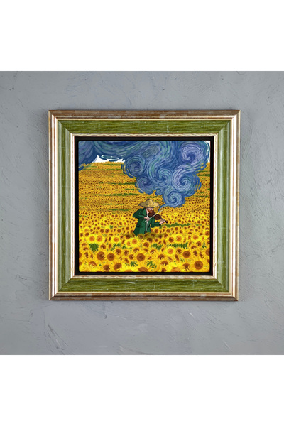 ermin Van Gogh Ayçiçeği Tarlasında Keman Doğal Limra Taşı Zeytin Yeşili Çerçe...