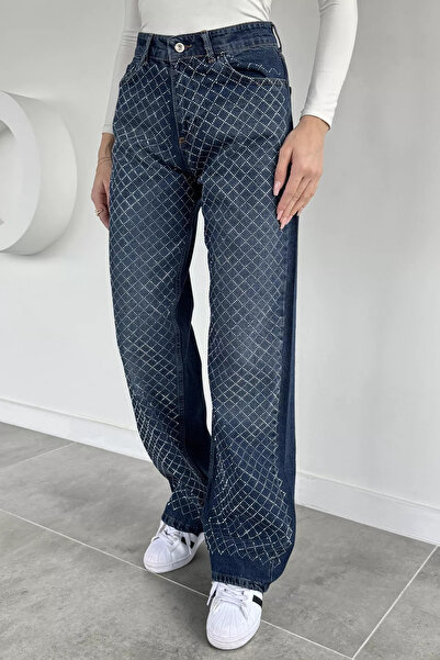 GÜLSELİ Navy Blue Women's Stoned Wide Leg Jean Denim Pants