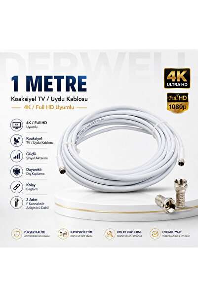 Derwell 1 Metre 4K Full HD Koaksiyel TV Uydu Anten Kablosu Seti - Güçlü Sinya...